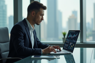 Jeune homme d'affaires étudiant un graphique blockchain sur son ordinateur