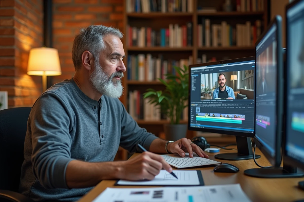Professionnel créatif travaillant sur un projet multimédia avec tablette graphique et double écran dans un studio de design