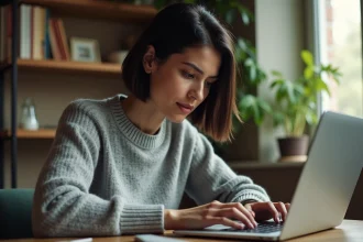 Femme utilisant un raccourci clavier sur un ordinateur portable pour taper le È majuscule accent grave