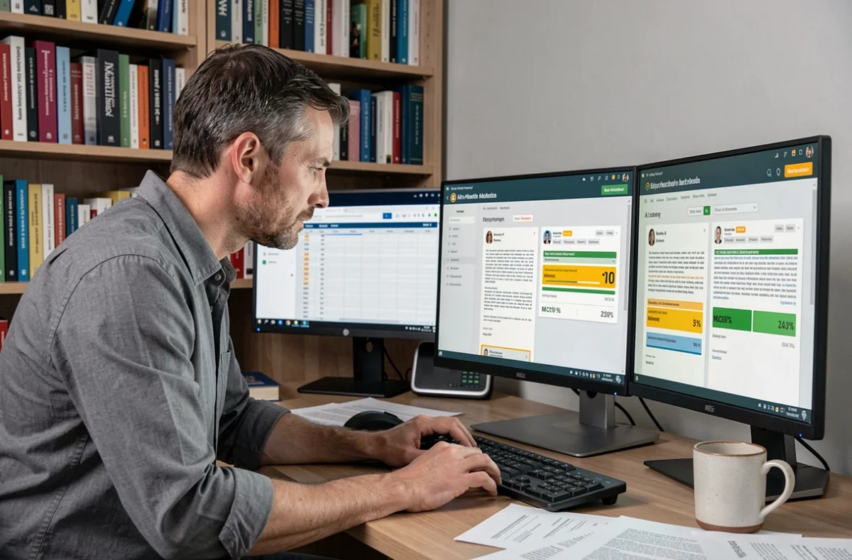 Recruteur travaillant depuis chez lui avec un logiciel IA pour évaluer des lettres de motivation et des CV de candidats
