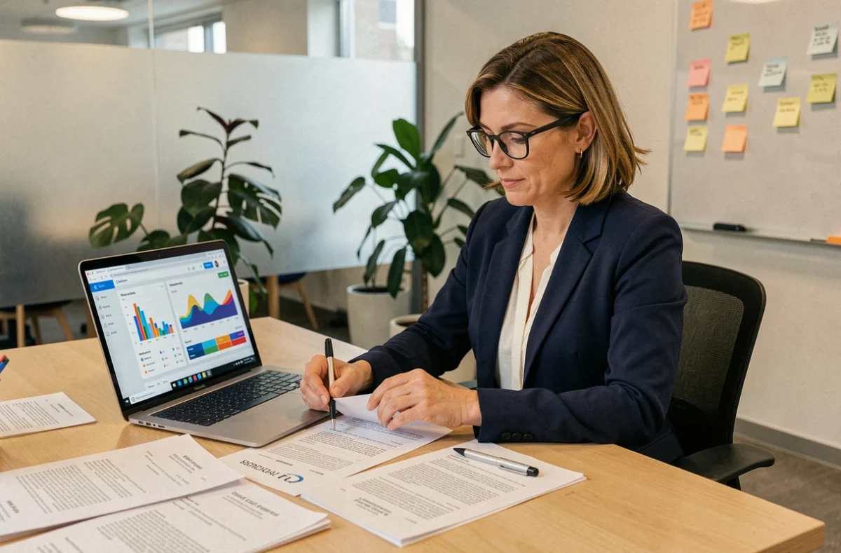Recruteuse analysant des CV et lettres de motivation avec un outil d'intelligence artificielle sur ordinateur portable dans un bureau moderne