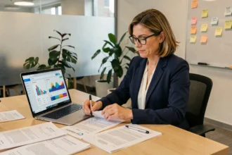 Recruteuse analysant des CV et lettres de motivation avec un outil d'intelligence artificielle sur ordinateur portable dans un bureau moderne