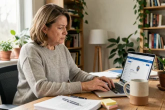 Femme consultant ses anciens mails sur une interface webmail académique depuis un bureau à domicile