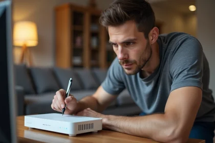 Homme appuyant sur le bouton reset d'une Freebox posée sur un meuble TV en bois dans un salon moderne