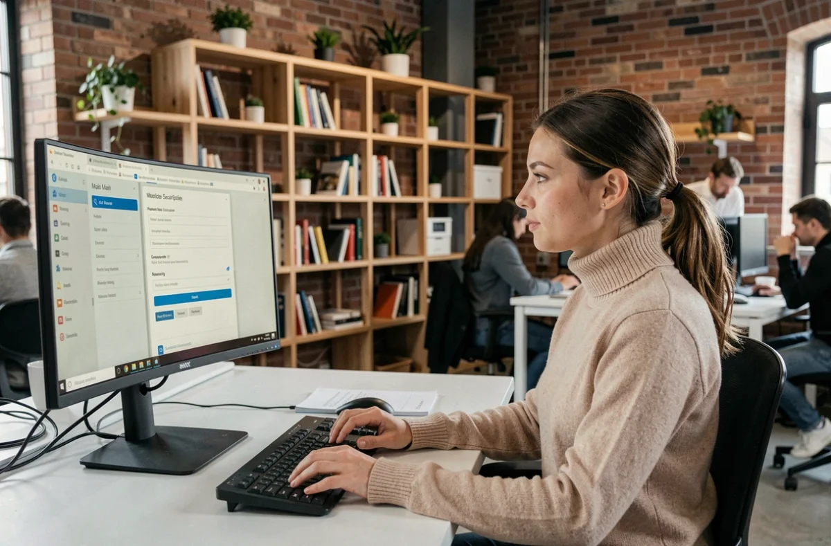 Jeune femme configurant les réglages de sécurité de son compte mail Laposte.net dans un espace de coworking