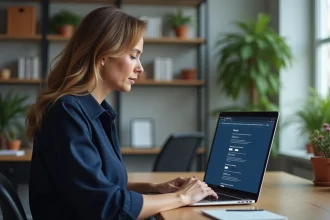 Femme configurant les réglages de sécurité de sa messagerie Webmelanie2 sur un ordinateur portable dans un bureau à domicile