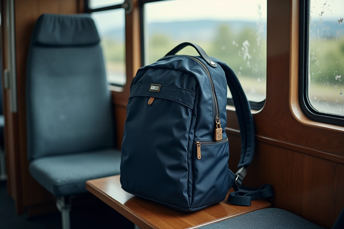 Sac à dos de voyage avec AirTag fixé sur la sangle dans un compartiment de train
