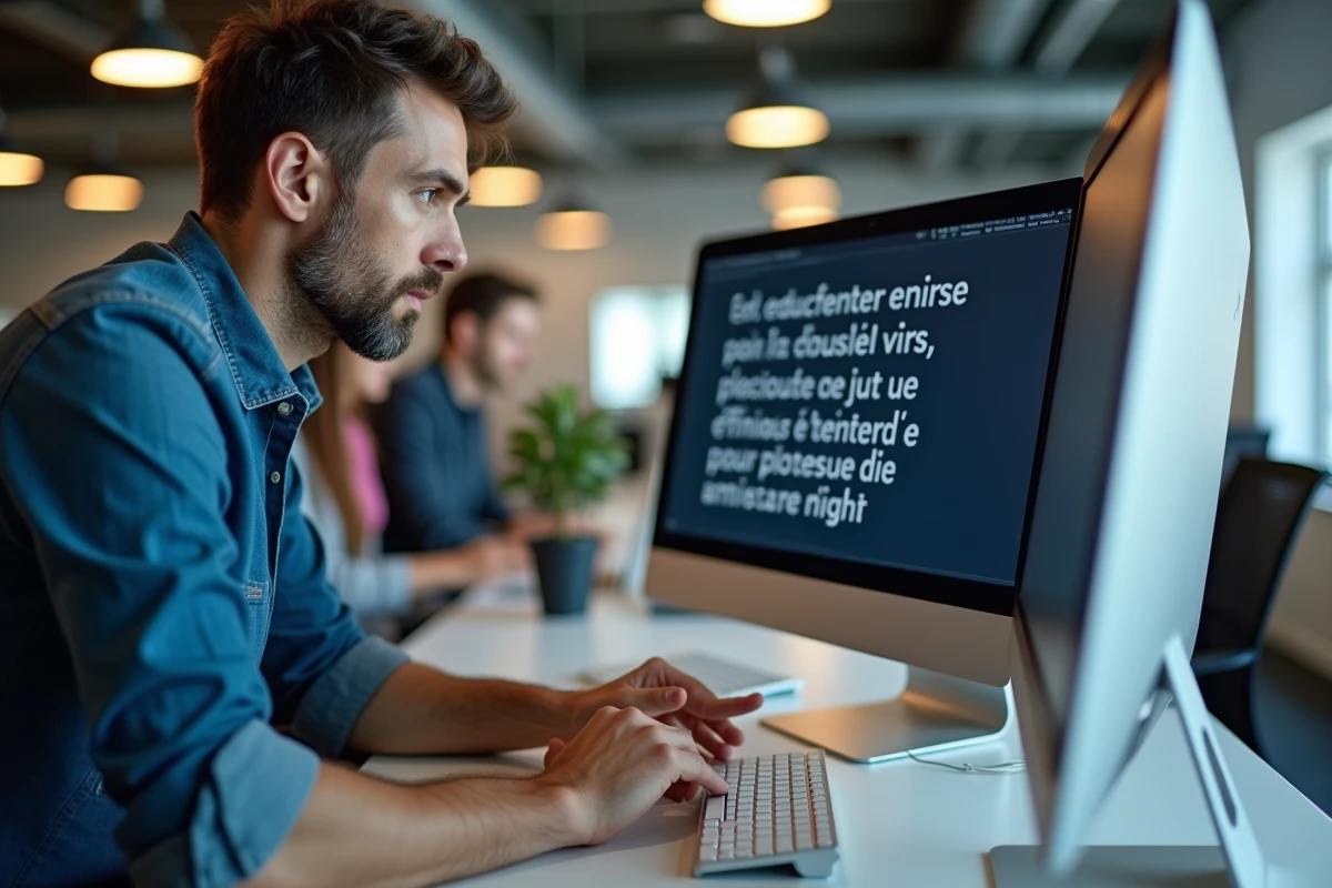 Homme en bureau pointant une touche de clavier pour expliquer la saisie du È majuscule accent grave