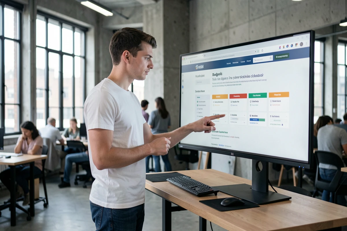 Jeune entrepreneur présentant un site web professionnel créé avec un outil abordable dans un espace de coworking moderne