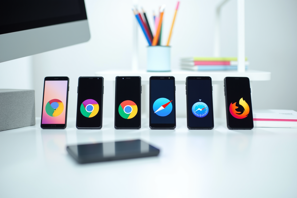 Cinq smartphones avec logos de navigateurs sur un bureau blanc