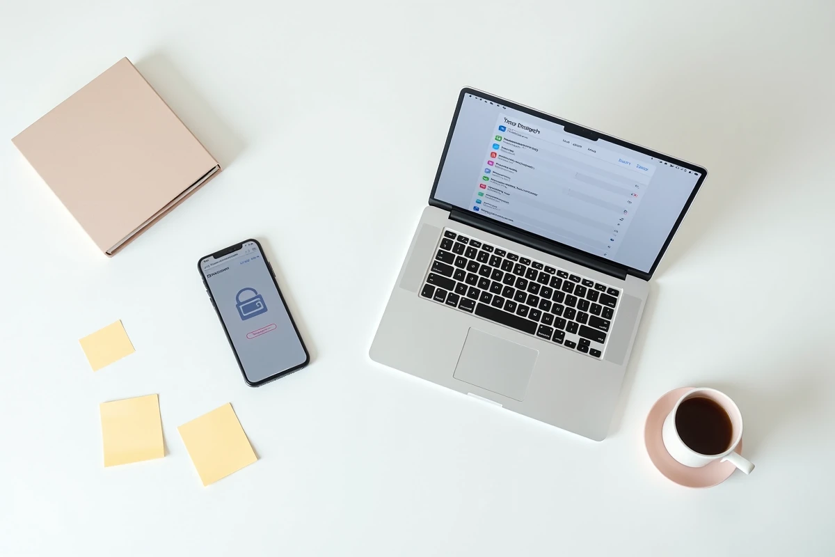 Comparaison entre ordinateur portable et smartphone affichant l'interface Storoesig sur un bureau minimaliste