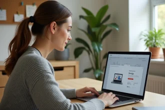 Jeune femme utilisant Storoesig sur ordinateur portable dans un bureau à domicile moderne