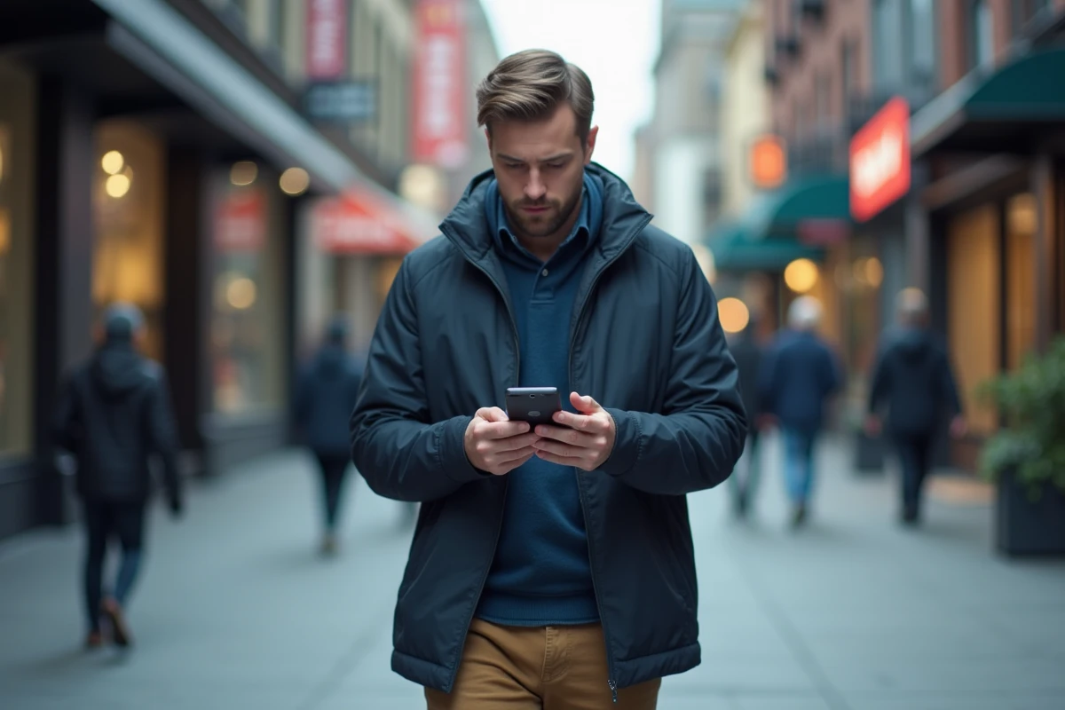 Homme consultant Storoesig sur smartphone en milieu urbain lors d'un déplacement