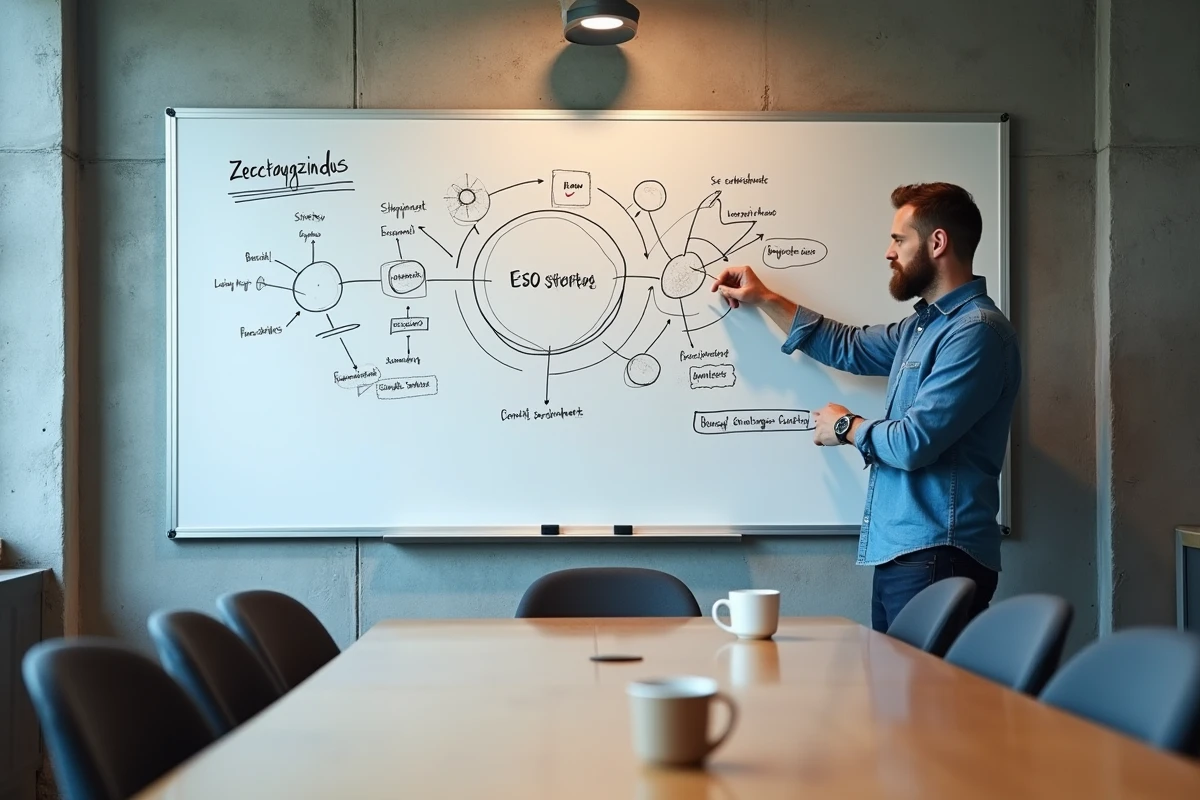 Expert SEO présentant une stratégie de test algorithmique Google sur un tableau blanc en salle de réunion