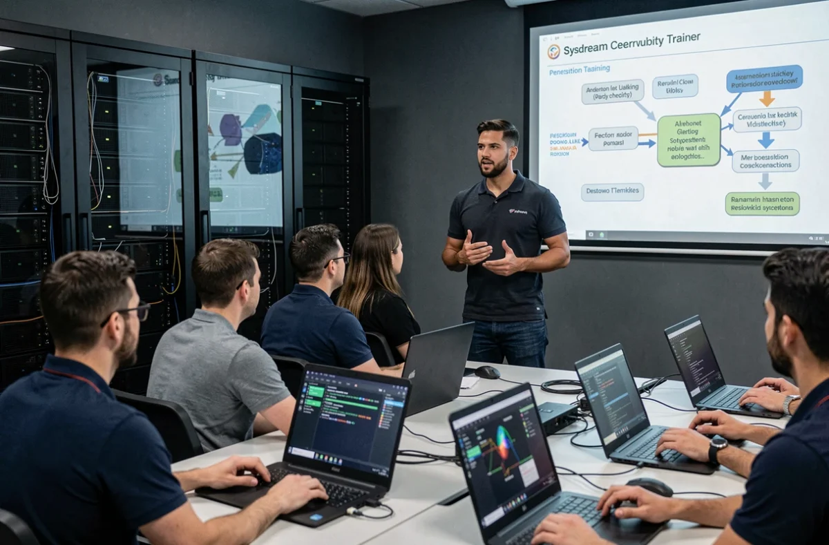 Formateur Sysdream animant un atelier de hacking éthique dans un laboratoire de formation spécialisé