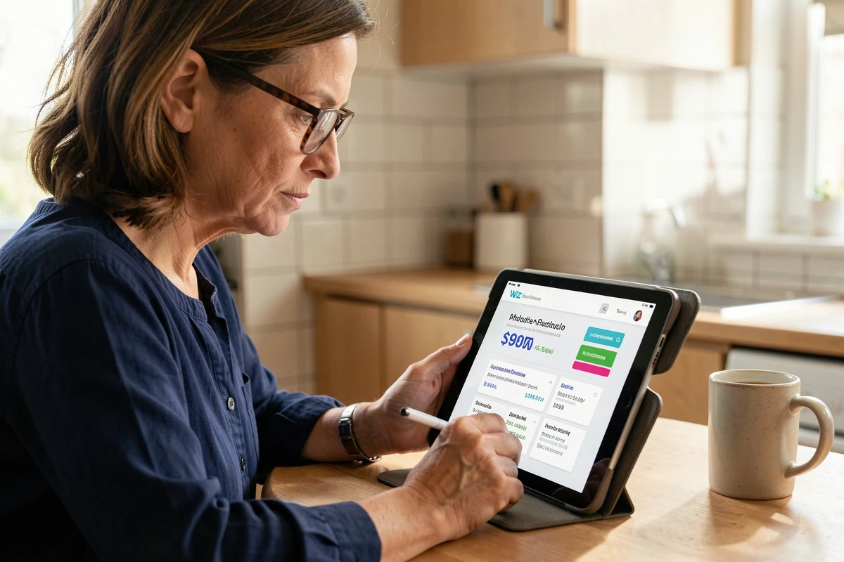 Femme consultant les tarifs abordables d'un outil de création de site internet Wiz sur une tablette dans un cadre domestique