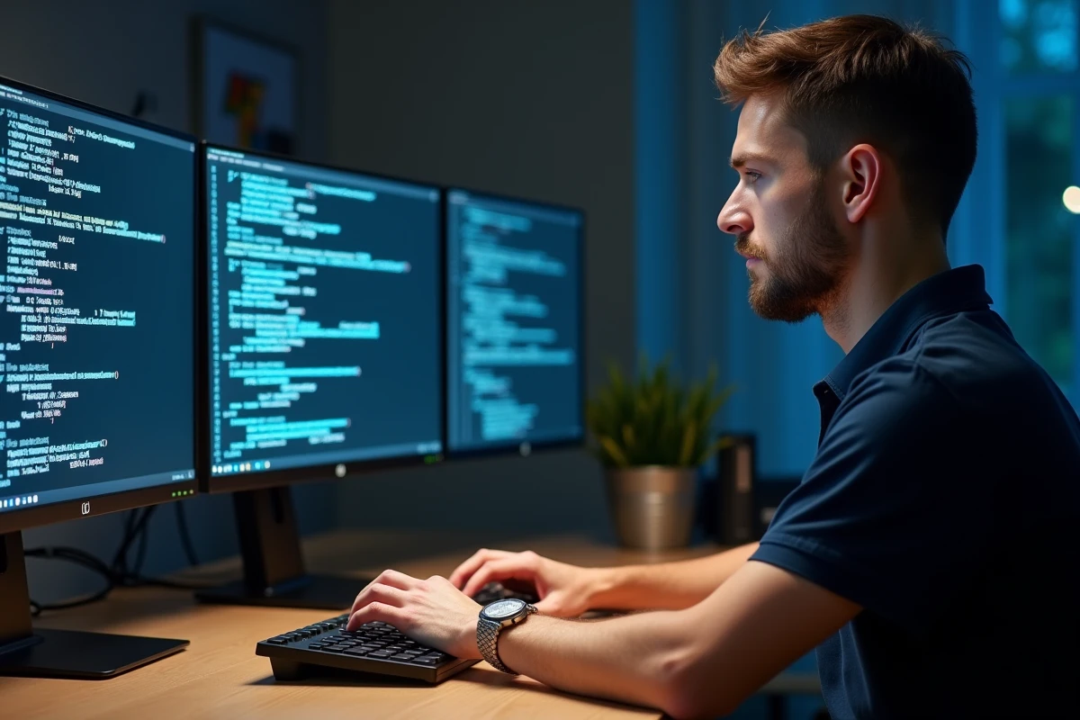 Technicien informatique configurant une adresse IP locale IPv4 sur un terminal Linux dans un bureau professionnel