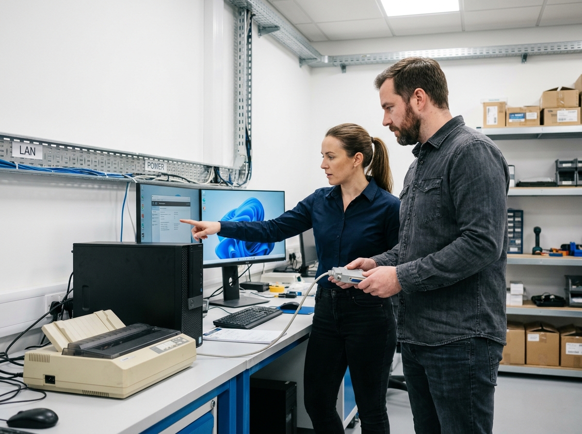 Deux techniciens informatiques connectant une ancienne imprimante matricielle à un poste de travail moderne dans une salle de support IT