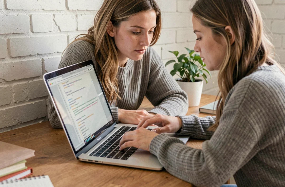 Jeune femme concentrée sur un test d'écriture en ligne depuis son bureau à domicile, sans création de compte