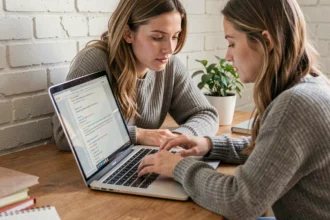 Jeune femme concentrée sur un test d'écriture en ligne depuis son bureau à domicile, sans création de compte