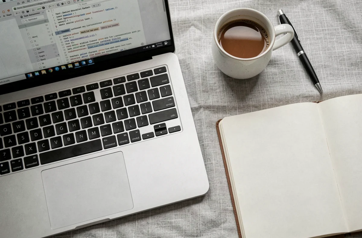 Vue de dessus d'un ordinateur portable avec un éditeur de texte en ligne ouvert, symbolisant un test d'écriture anonyme sans compte
