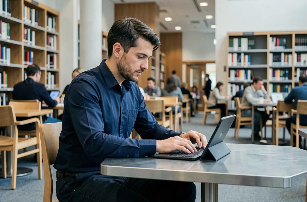 Homme utilisant un test d'écriture sécurisé en ligne sur tablette dans une bibliothèque publique moderne