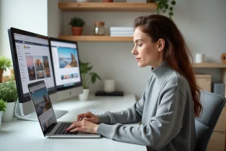 Femme utilisant un ordinateur portable pour uploader des photos sur plusieurs plateformes en même temps depuis son bureau à domicile