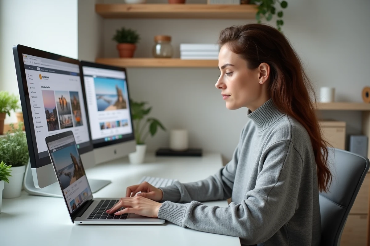 Femme utilisant un ordinateur portable pour uploader des photos sur plusieurs plateformes en même temps depuis son bureau à domicile