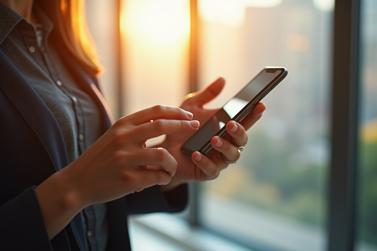 Mains utilisant un smartphone pour naviguer sur une application intuitive