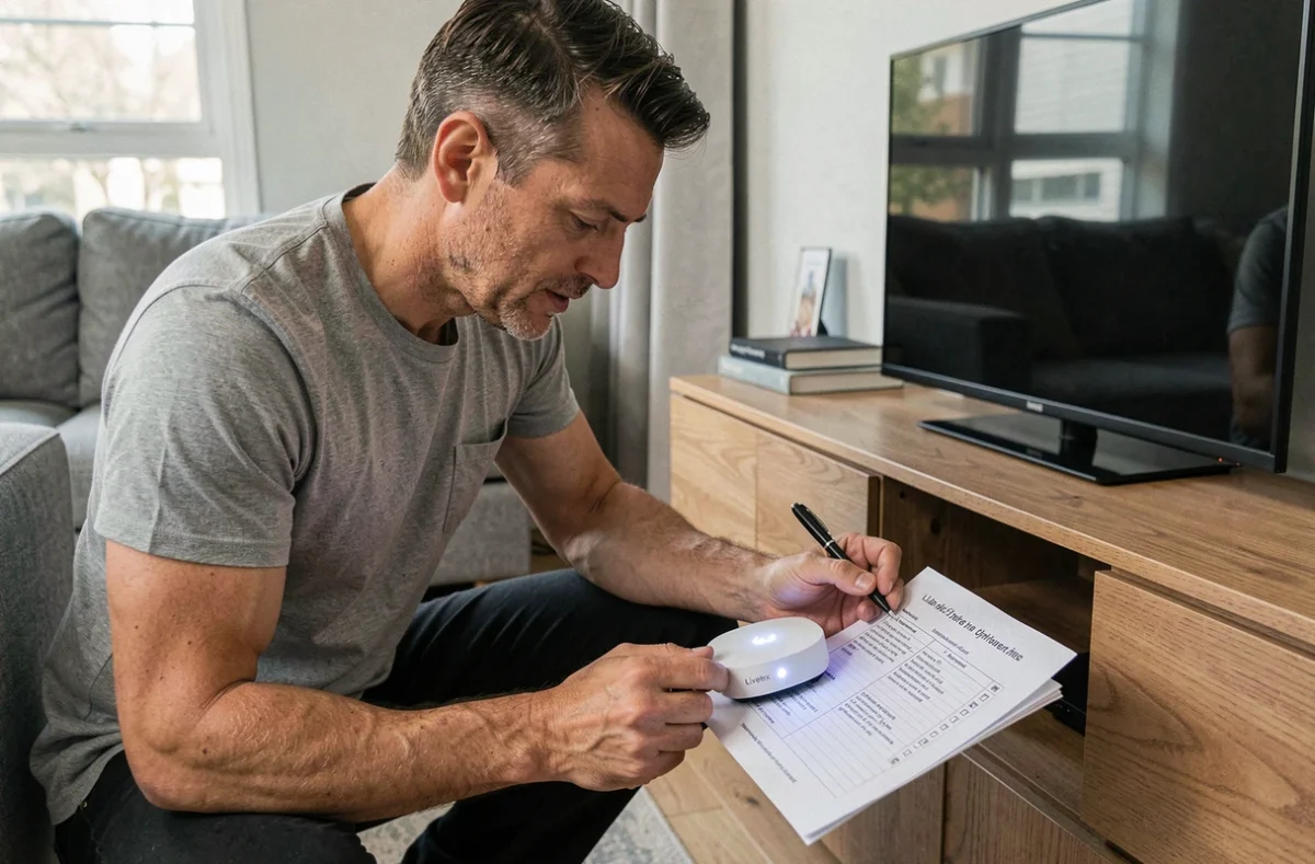 Personne inspectant une Livebox avec voyant blanc clignotant dans un salon moderne en tenant une checklist imprimée