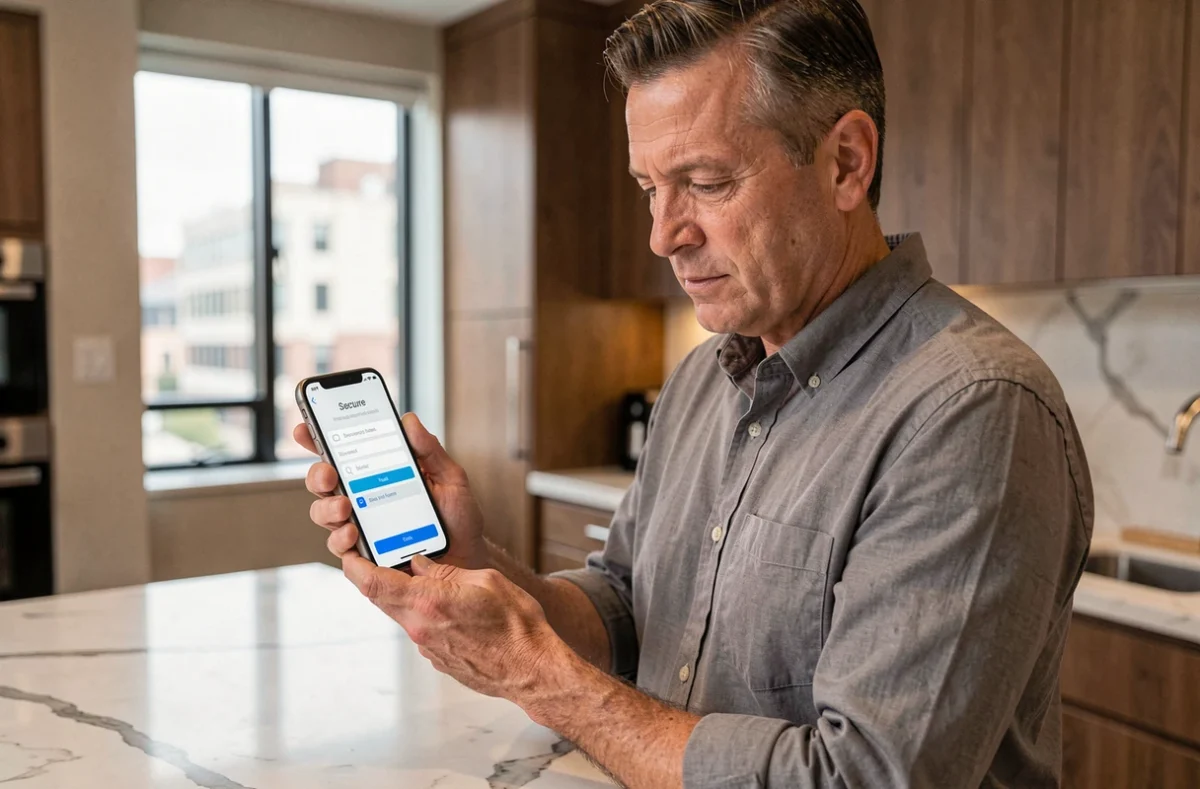 Homme vérifiant les paramètres de connexion sécurisée de Laposte.net sur son smartphone dans une cuisine moderne