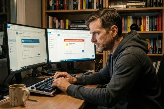 Homme prudent vérifiant une interface de téléchargement P2P sur son ordinateur de bureau avant de cliquer, dans un bureau à domicile réaliste
