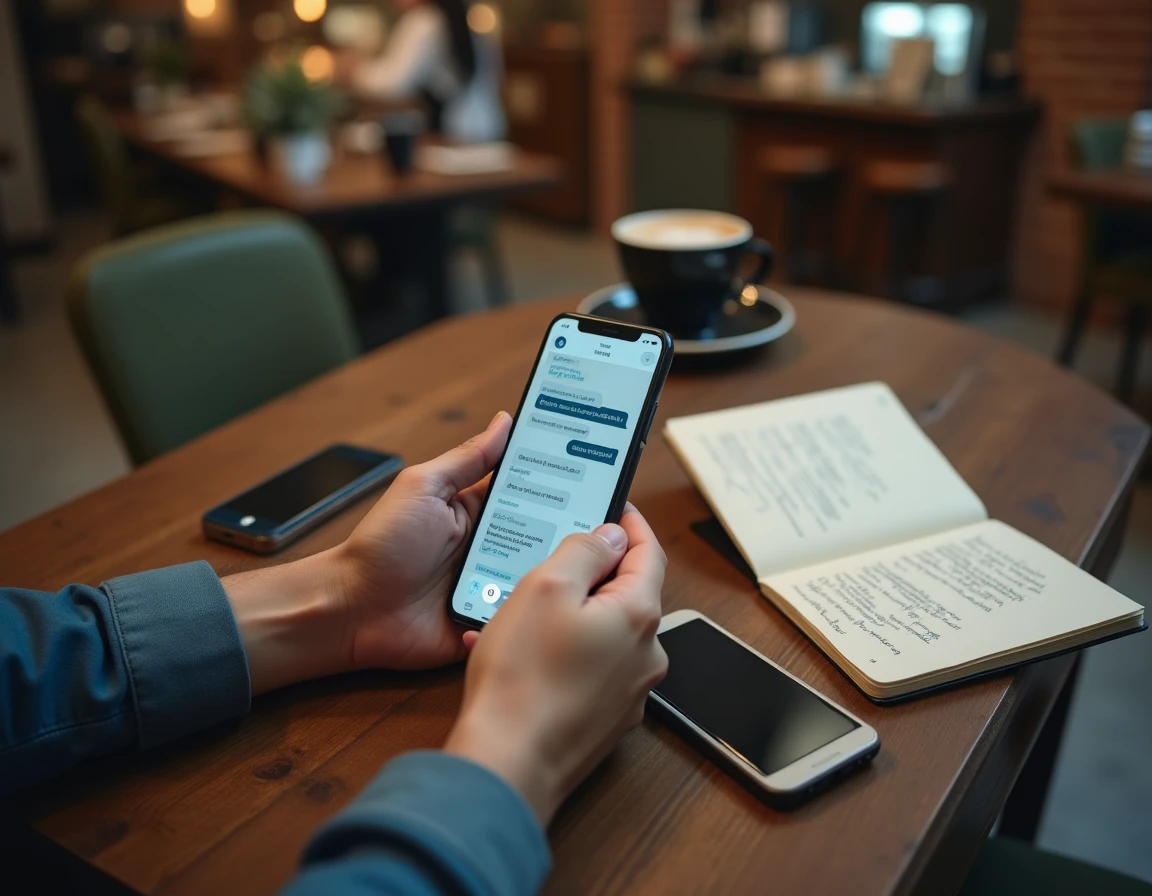 Vue aérienne de deux smartphones sur une table de café comparant ChatGPT WhatsApp et l'application OpenAI officielle