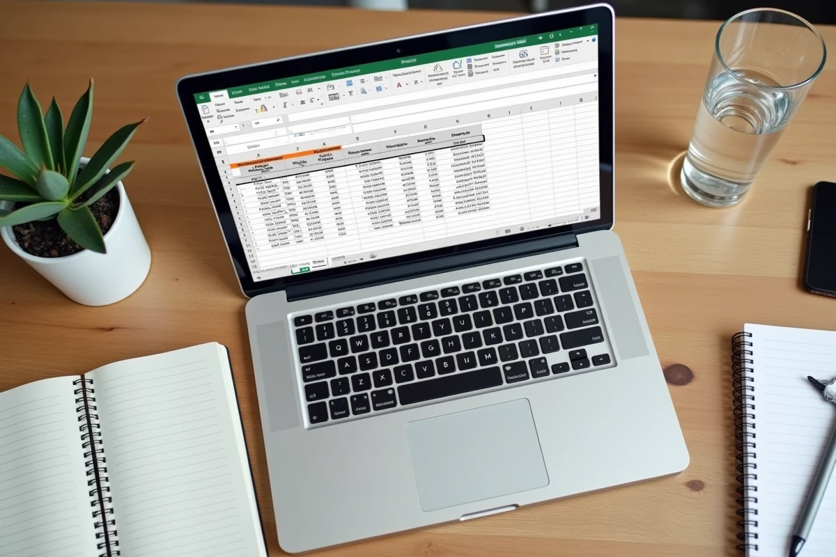 Vue aérienne d'un ordinateur portable affichant une fonction AVERAGEIF dans un tableau croisé dynamique Excel