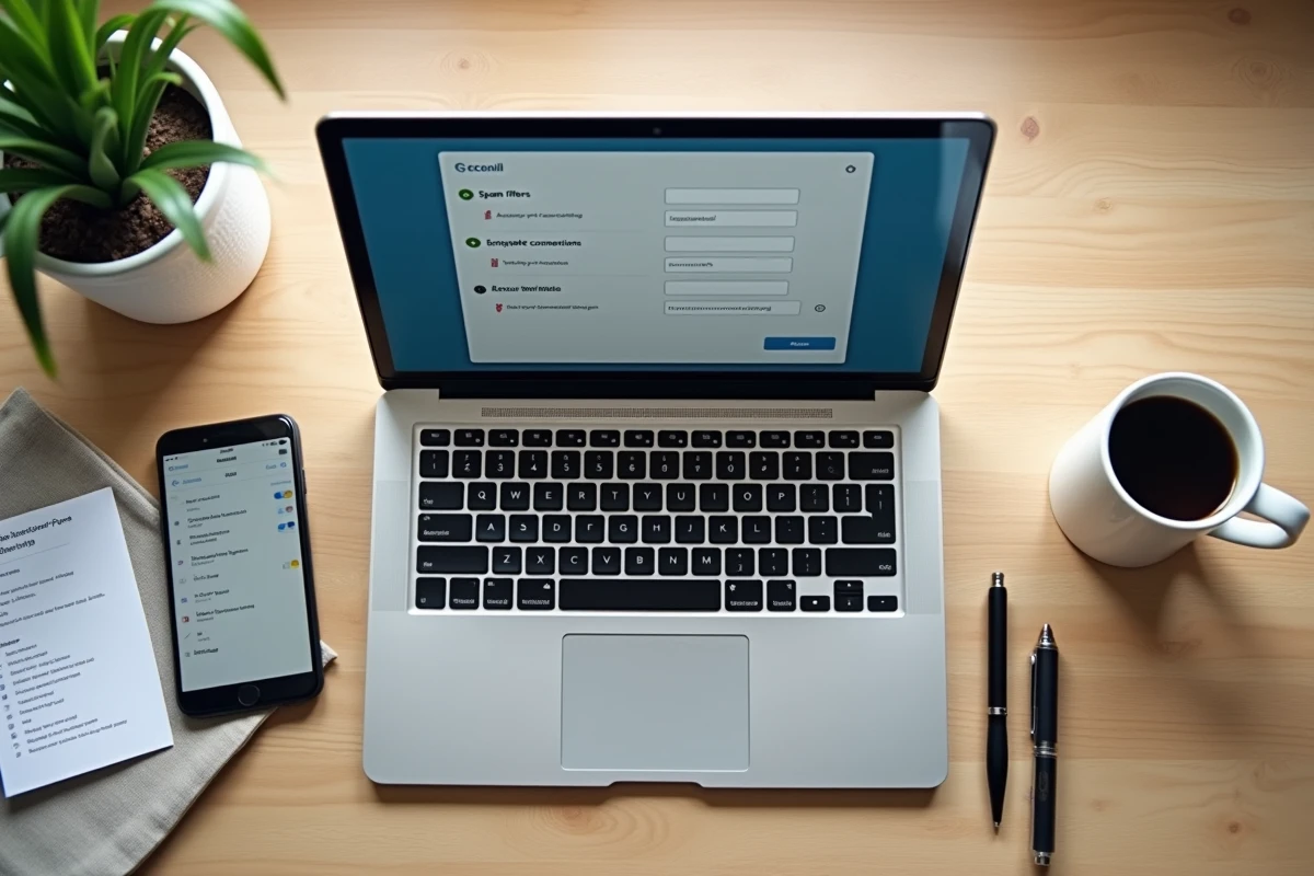 Vue aérienne d'un bureau avec ordinateur portable affichant les paramètres de sécurité d'une messagerie, smartphone et checklist imprimée