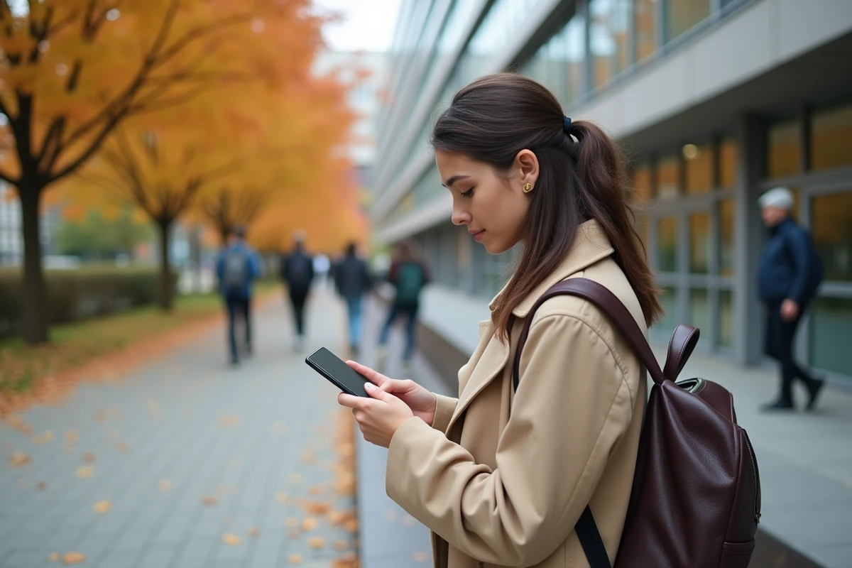 Jeune femme consultant sa messagerie universitaire Zimbra hors ligne sur smartphone dans un campus universitaire en automne