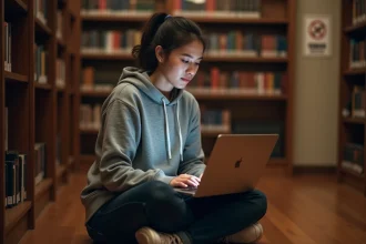 Étudiante consultant ses emails universitaires Zimbra hors ligne sur un ordinateur portable dans une bibliothèque sans connexion Wi-Fi