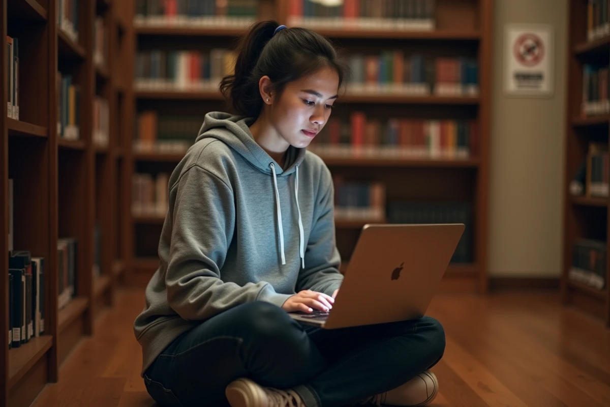 Étudiante consultant ses emails universitaires Zimbra hors ligne sur un ordinateur portable dans une bibliothèque sans connexion Wi-Fi
